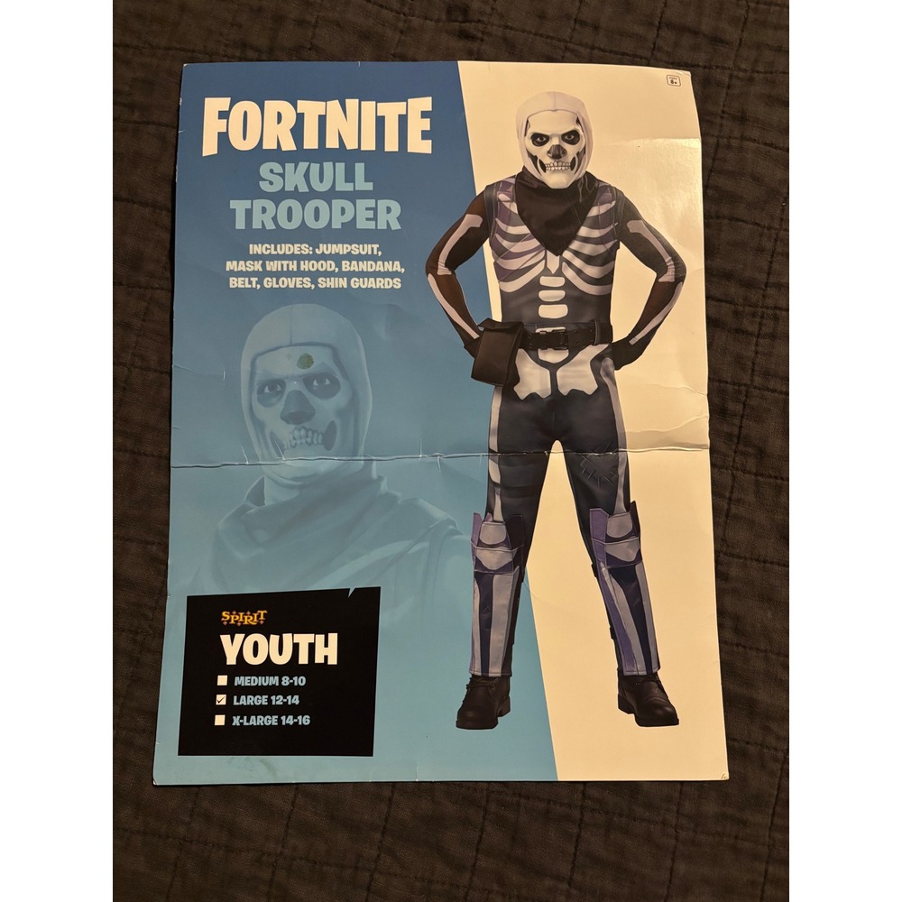 Spirit Halloween Fortnite Skull Trooper Costume Youth Large 12-14 Skeleton Suit